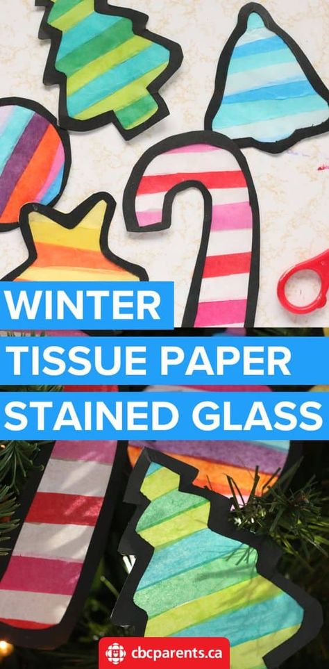 Christmas Craft: Stained Glass Tissue Paper Shapes For Your Tree Or Window | Play | CBC Parents Winter Window Craft, Tissue Paper Christmas Decorations, Paper Stained Glass Window, Stained Glass Tissue Paper, Wonderland Classroom, December Themes, Stained Glass Craft, Tissue Paper Craft, Paper Shapes