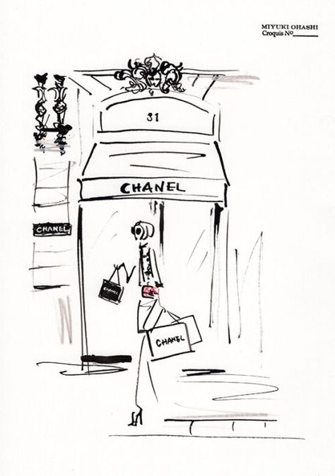 Chanel Drawing, Miyuki Ohashi, Chanel Illustration, Minimal Shirt Design, Boutique Instagram, Chanel Boutique, Fashion Design Sketch, Bridesmaid Boxes, Art Painting Gallery