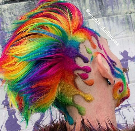 Rainbow Shaved Hair, Rainbow Pixie Hair, Short Rainbow Hair, Shave Designs, Shaved Hair Designs, Rainbow Hair Color, Colourful Hair, Creative Hair, Edgy Short Hair