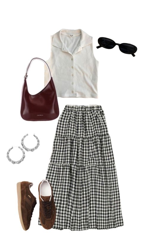 ootd, outfit inspo, cute outfit, summer outfit, fall outfit, autumn outfit, spring outfit, midi skirt, plaid, gingham, silver jewellery, summer top, button up, red leather bag, sambas, gazelles, adidas, brown sambas Gingham Skirt Outfit, Midi Skirt Outfits Summer, Adidas Brown, Jewellery Summer, Midi Outfits, Skirt Outfit Summer, Outfit Autumn, Red Leather Bag, Midi Skirt Outfit