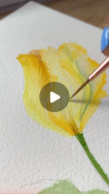 Paintings Of Tulips, Yellow Tulips Painting, Painting Aesthetic Watercolor, Tulip Watercolor Painting, One Tulip, Wet On Wet Technique, Watercolor Painting Easy, Inspirational Paintings, Aesthetic Watercolor