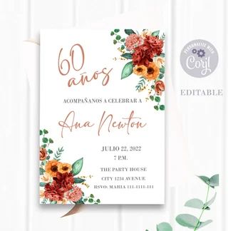 latiendadearyam - Etsy Spanish Birthday Invitations, Spanish Invitations, 83rd Birthday, Bday Party Invitations, Surprise Party Invitations, Bouquet Birthday, Floral Birthday Invitations, Bday Invitations, 50th Birthday Invitations