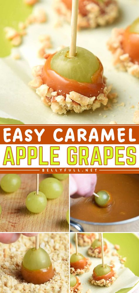 Learn how to make Caramel Apple Grapes! They're so easy. Dipped in nuts, these caramel coated grapes are a perfect afternoon snack idea. So, go and grab some green grapes then try this fall recipe! Caramel Apple Grapes, Grape Appetizers, Apple Twist, Caramel Apples Easy, Party Snacks Easy, Easy Caramel, Grape Recipes, Fall Appetizers, How To Make Caramel