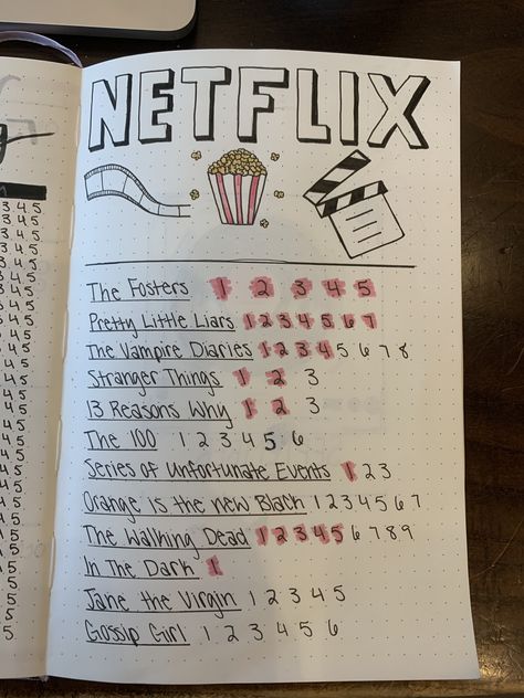 Bullet journal idea Netflix shows Netflix And Chill Costumes, Bullet Journal Netflix, Doodles Summer, Summer Doodles, Netflix Shows To Watch, Netflix Hacks, Netflix Shows, Movie Hacks, Netflix Movies To Watch