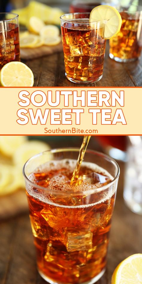 Let me show you how easy it is to make the perfect, ice-cold glass of Southern Sweet Tea! I'm sharing my easy recipe and all my tips for keeping your tea perfectly clear, with no bitterness in sight! How To Make Sweet Tea With Tea Bags, Best Sweet Tea Recipe, How To Make Sweet Tea, Sweet Tea Recipe Southern, Southern Sweet Tea Recipe, Homemade Sweet Tea, Southern Comfort Drinks, Alcoholic Iced Tea, Best Iced Tea Recipe