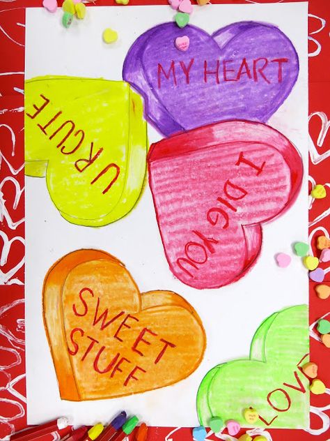 Cassie Stephens: In the Art Room: Candy Heart Drawings Valentine’s Day Art Projects, Drawing Heart Ideas, Heart Art Lesson, February Art Projects, Valentines Art Lessons, Valentine Hearts Art, Valentine Drawing, Heart Art Projects, Heart Drawings