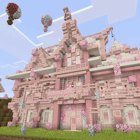 Cherry Blossom Castle Minecraft, Minecraft Pink Castle, Girly Minecraft, Cherry Blossom Village, Cute Minecraft Ideas, Cute Minecraft Builds, Pink Minecraft, Minecraft World Ideas, Mc House