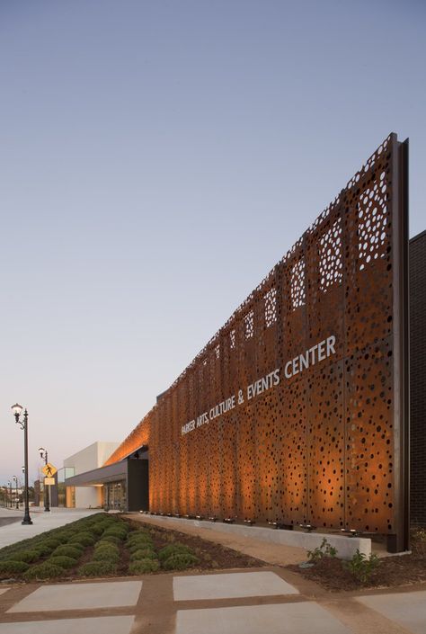 The 50,000 SF PACE performing arts venue is much more than just a state of the art 600-seat theater.  The Town of Parker, CO has recently opened the doors of the brand new arts & cultural center to the public, offering the space towards a range of events, from weddings & concerts to... Building Skin, Metal Facade, Events Center, Industrial Architecture, Brown Design, Metal Screen, Entrance Design, Building Facade, Corten Steel