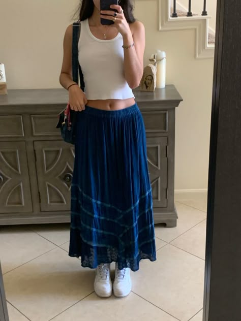 Outfits With Long Blue Skirts, Fancy Maxi Skirt Outfit, Long Skirt Blue Outfit, Maxi Blue Skirt, Long Blue Skirt Outfit Aesthetic, Royal Blue Maxi Skirt Outfit, Blue Maxi Skirt Outfit Summer, Navy Blue Skirt Outfits Summer, Long Patterned Skirt Outfit