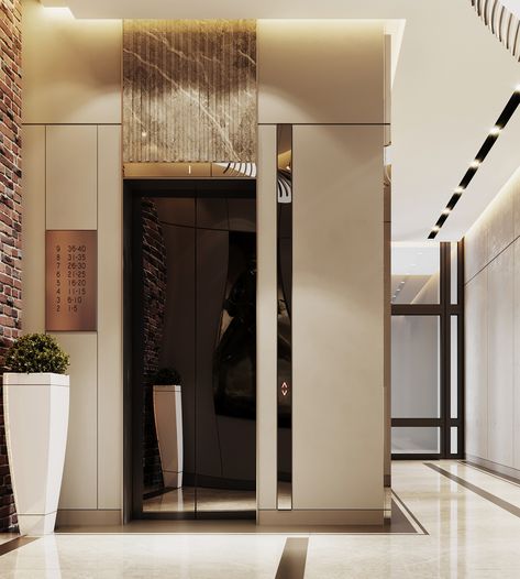 HALL visualization of residential complex on Behance Lift Lobby Design Residential, Lobby Design Residential, Residence Concept, Lift Lobby Design, Elevator Lobby Design, Wall Cladding Designs, Lift Lobby, Elevator Interior, Guide Design