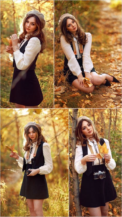 Cute girl holding a vintage camera posing in a park with fall yellow leaves Autumnal Photo Shoot, Photoshoot Portrait Ideas, Autumn Portrait Photography, Natural Light Photoshoot, Irene Rudnyk, Canon Rp, Autumn Photography Portrait, Light Photoshoot, Autumn Portrait