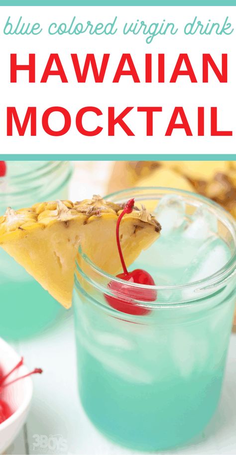 Blue Hawaii Mocktail Recipe Hawaiian Mocktails Non Alcoholic, Blue Hawaiian Mocktail, Hawaiian Mocktail, Blue Hawaii Drink, Simple Drink Recipes, Blue Mocktail, Non Alcoholic Mocktail, Hawaiian Side Dishes, Blue Hawaiian Drink