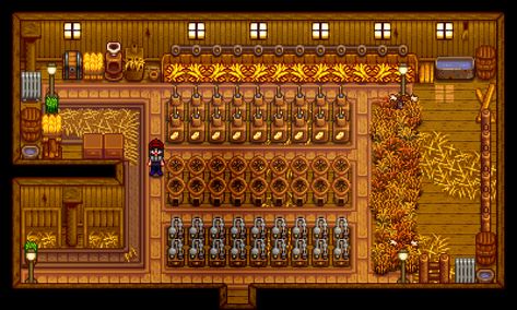 Stardew Barn Interior, Stardew Valley Strawberry House, Stardew Coop Layout, Stardew Valley Bus Stop Decoration, Stardew Valley Barn Interior, Barn Stardew Valley, Stardew Barn Layout, Stardew Valley Workbench Layout, Stardew Meadowlands