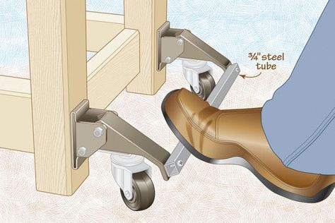 Leg lifts made easy | WOOD Magazine Retractable Casters, Workbench Casters, Build Your Own Garage, Woodworking Garage, Workbench Plans Diy, Woodworking Basics, Wood Magazine, Garage Work Bench, Diy Garage Storage