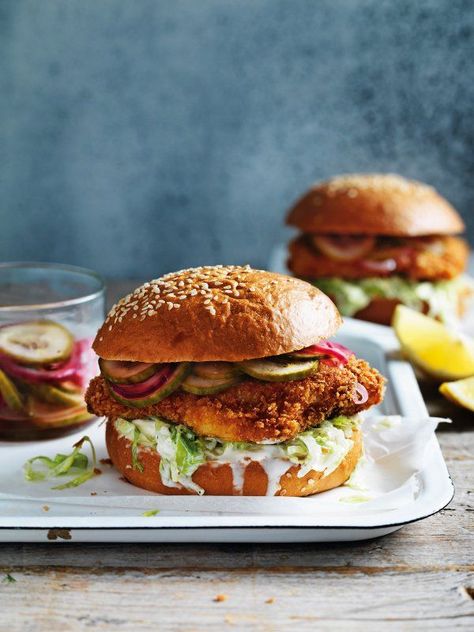 Image of Matt Moran's Fish Burgers Fish Burger Ideas, Fish Burger Recipe, Nigella Recipes, Cocktail Salad, Guest Recipes, Fish Burgers, Easy Burger Recipe, Fish Burger, Mother Hen