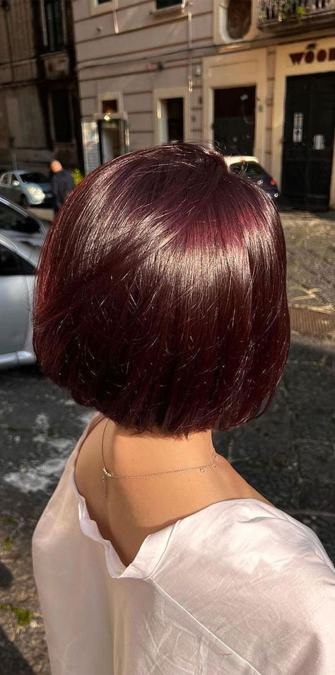 45 Versatile Bob Haircuts for Every Occasion : Red Mahogany Bob Short Hair Dark Red, Short Red Hair With Layers, Burgundy Bob Hair, Short Burgundy Hair Bob, Short Dark Red Hair Burgundy, Burgundy Hair Bob, Cherry Red Short Hair, Cherry Red Bob, Haircut Ideas Blonde