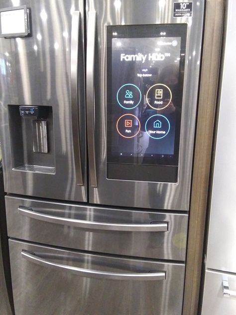 Because that's not creepy or unnecessary at all Samsung Fridge With Screen, Samsung Family Hub Fridge, Samsung French Door Refrigerator, Samsung Family Hub Refrigerator, Samsung Kitchen Appliances, Samsung Refrigerator French Door, Samsung Kitchen, Pantry Closet Design, Kitchen Essentials List