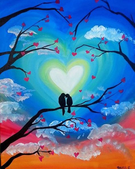 Paintings Simple Acrylic, Landscape Paintings Simple, Group Drinks, Painting Ideas For Kids Easy, Lovebirds Painting, Simple Acrylic Painting Ideas, Canvas Painting Ideas For Kids, Social Painting, Tree Painting Easy