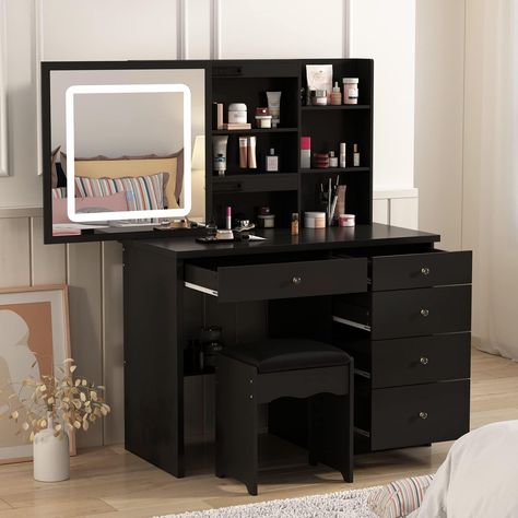 Homsee Vanity Desk Set Makeup Table with Large Sliding Lighted Mirror, Dressing Table with 5 Drawers, Storage Shelves & Cushioned Stool for Bedroom, Black Black Vanity Desk, Modern Makeup Vanity, Makeup Vanity Table, Dressing Table With Drawers, 5 Drawer Storage, Makeup Vanity Set, Makeup Dressing Table, Sliding Mirror, Makeup Table Vanity