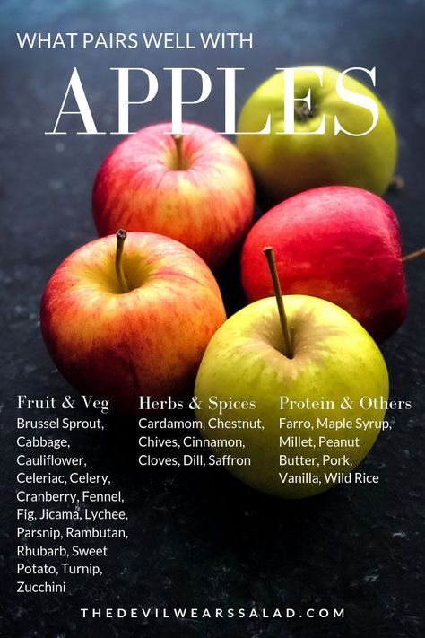 What goes well with apples? If you're looking for some inspiration for ingredient pairings for your next salad recipe, check out our flavour profiles! #thedevilwearssalad #foodpairings #saladwithapple #apple #saladrecipes Apple Pairings, Savory Hand Pies Recipes, Flavour Profiles, Ray Peat, Fruit Dips, Healthy Breakfast Snacks, Witchy Kitchen, Fruit Combinations, Homemade Kombucha