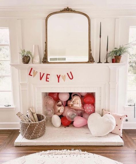 Felt Letter Garland, Valentine Mantle Decor, Black Mantle Fireplace, Black Brick Fireplace, Vday Decor, Letter Garland, Fun Valentines Day Ideas, Black Brick Wall, Brick By Brick