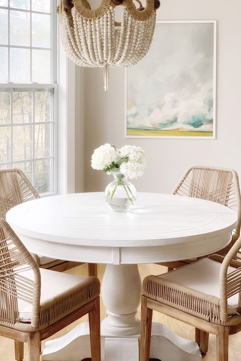 A review of our new white dining table with a pedestal that is extendable and is the perfect addition for our coastal home. Round Breakfast Nook Table, Round Vs Rectangular Dining Table, White Round Kitchen Table, Round Dining Table With Leaf, Chestnut Kitchen, Marsh House, White Round Dining Table, White Round Tables, White Kitchen Table