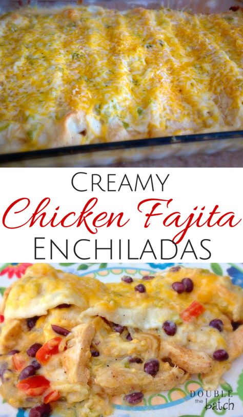 If Fajitas married Creamy Chicken Enchiladas, this would be the amazing of their love! Creamy Chicken Fajita Enchiladas by Doublethebatch Fajita Enchiladas, Fajita Casserole, Chicken Fajita Casserole, Creamy Chicken Enchiladas, Mexican Chicken Recipes, Chicken Fajita, Chicken Fajitas, Chicken Enchiladas, Creamy Chicken