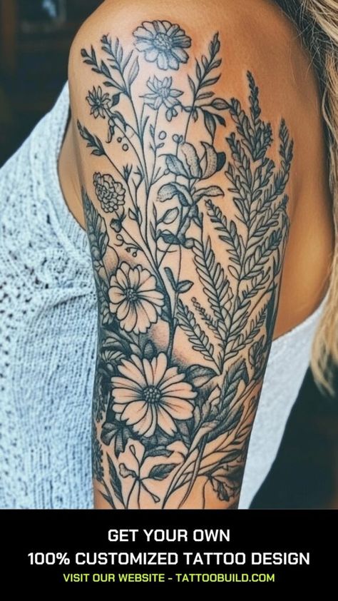 Heather Flowers Tattoo, Floral And Mountain Sleeve Tattoo, Woman’s Sleeve Idea, Wild Flowers Sleeve Tattoo, Women’s Flower Arm Sleeve, Mountain Floral Sleeve Tattoo, Wildflower Arm Sleeve, Upper Arm Tattoos For Women Nature, Prettiest Flower Tattoo