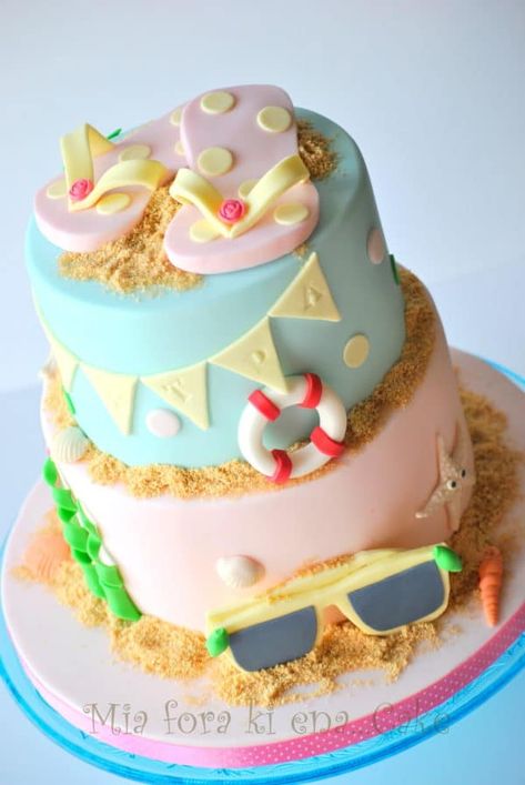 21 Sizzling Summer Birthday Cake Ideas - Pretty My Party Summer Holiday Cake, Summer Themed Cakes, Summer Birthday Cake Ideas, Pool Birthday Cakes, Summer Party Cake, Flip Flop Cakes, Summer Birthday Cake, Beach Birthday Cake, Pool Party Cakes