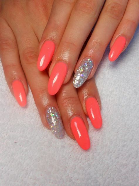 #stiletto #nails by Violeta Nails Oval, Coral Nails, Hair Skin Nails, Oval Nails, Beach Nails, Orange Nails, Cute Nail Designs, Gorgeous Nails, Stiletto Nails