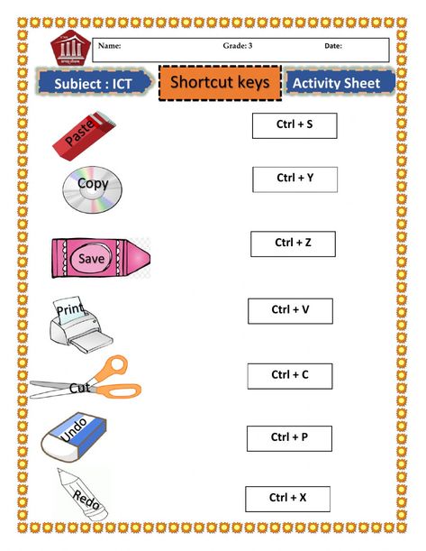 Shortcut keys ICT worksheet Computer Holiday Homework, Computer Worksheet For Grade 4, Ict Notes, Grade 3 Math Worksheets, Skip Counting Math Centers, Technology Worksheets, Computer Worksheet, Computer Activities For Kids, Short A Activities