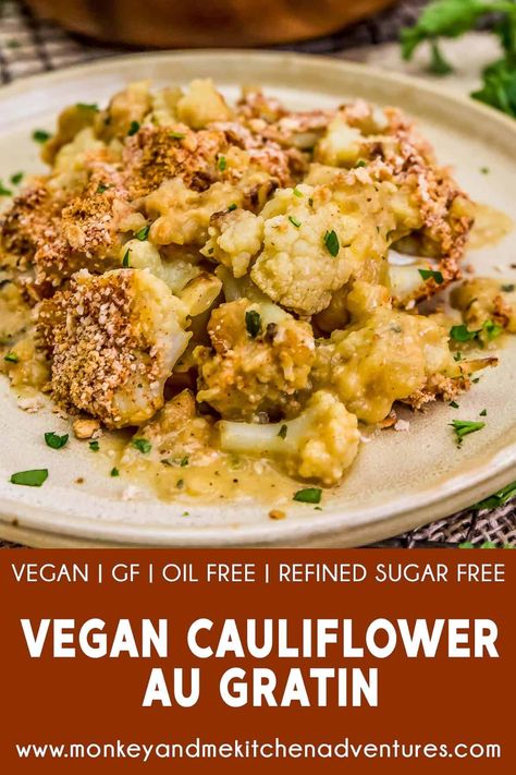 Bake up this delicious, creamy, and low-fat Vegan Cauliflower Au Gratin for the perfect comforting dish that the whole family will love. #wholefoodplantbased #vegan #oilfree #glutenfree #plantbased | monkeyandmekitchenadventures.com Cauliflower Au Gratin, Monkey And Me Kitchen Adventures, Monkey And Me, Cauliflower Sauce, Prep Food, Whole Food Plant Based, Vegan Holiday Recipes, Cauliflower Dishes, Wfpb Recipes