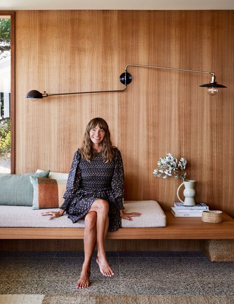 The beachside holiday house of Courtney Adamo and her family is the opposite of their Bangalow home, in the best way possible! Dulux Natural White, Courtney Adamo, Pop And Scott, Timber Shelves, Sofa Seat Cushions, Masonry Wall, Exterior Wall Light, Interior Renovation, Custom Sofa