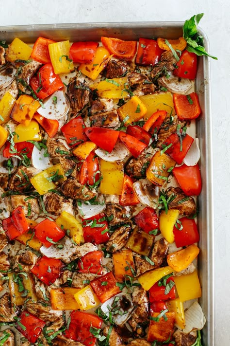 Sheet Pan Honey Balsamic Chicken and Veggies - Eat Yourself Skinny Sweet Pepper Chicken Recipes, Sheet Pansheet Pan Dinner, One Sheet Healthy Meals, Healthy Frozen Chicken Recipes, Meat And Veggie Sheet Pan Meals, Macro Sheet Pan Meals, Caprese Sausage Recipes, Fast Oven Meals, Paleo Sheet Pan Recipes