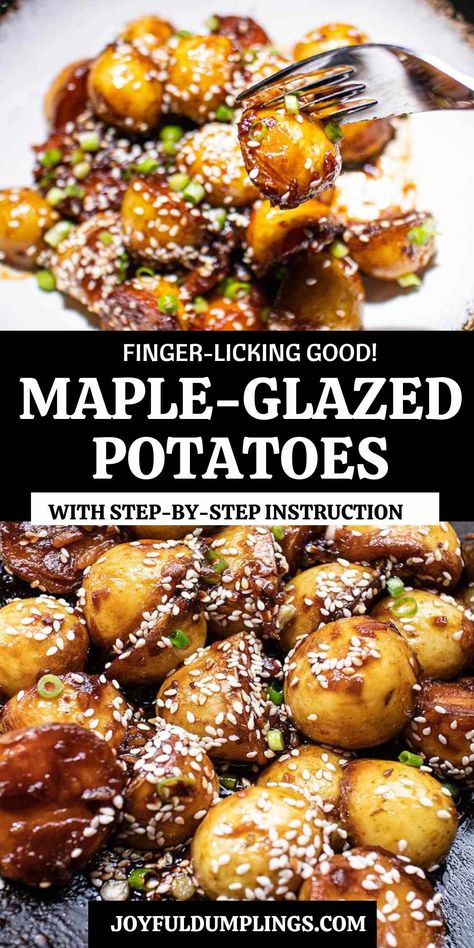 Maple Glazed Potatoes Maple Potatoes, Glazed Potatoes, Holiday Dinner Table, Maple Glaze, Baby Potatoes, Fried Potatoes, Roasted Potatoes, Potato Recipes, Easy Vegan