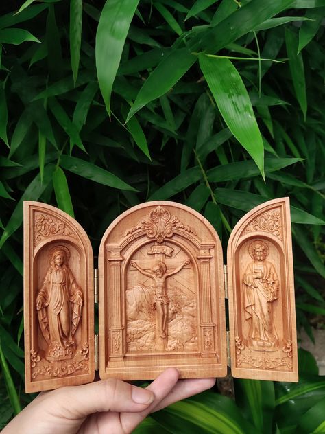 Excited to share the latest addition to my #etsy shop: The Holy Family Figurine, Triptych Of Jesus Virgin Mary and Saint Joseph Statue, Gift For Catholic Family, Christmas Nativity Set Wooden https://etsy.me/3SgEhCi #housewarming #christmas #hollyfamily #christmasnativ Catholic Christmas Decorations, Gift Ideas For Grandparents, Catholic Wall Decor, St Joseph Statue, Family Altar, Car Desk, Saint Statues, Family Sculpture, Catholic Christmas