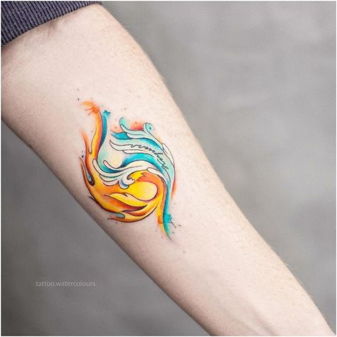 Fire And Water Element Tattoo, Fire And Water Tattoo Ideas, Elemental Tattoo Ideas, Fire Water Tattoo, Fire And Water Tattoo, Water Tattoo Ideas, Water Drop Tattoo, Ice Tattoo, Match Tattoo