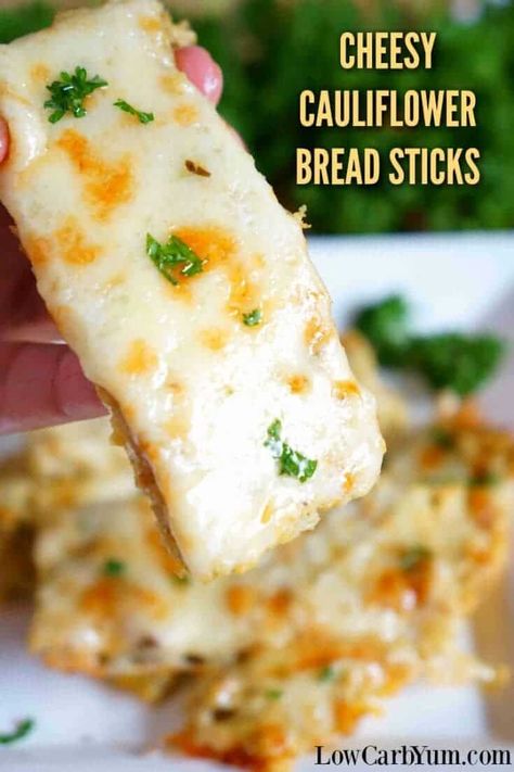 Cheesy Cauliflower Breadsticks Recipe | Low Carb Yum Low Carb Cheesy Cauliflower, Cauliflower Bread Sticks, Thm Appetizers, Keto Breadsticks, Cauliflower Breadsticks, Breadsticks Recipe, Parmesan Chips, Cauliflower Bread, Cauliflowers