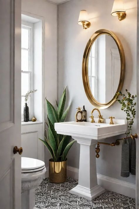 Pedestal sink modern bathroom vintage accents Pedestal Sink Decorating Ideas, Bathrooms With Pedestal Sinks Ideas, Modern Pedestal Sink Bathroom, Pedestal Sink Bathroom Ideas, Powder Room With Pedestal Sink, Modern Condo Living Room, Fun Bathrooms, Pedestal Sink Ideas, Sink Trends