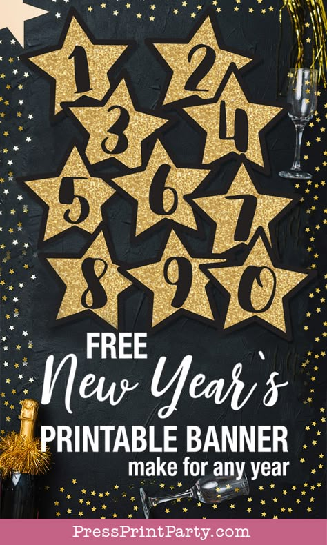 FREE New Years Banner Printable (For Any Year) Press Print Party New Years Banner, Numbers Free Printable, Mermaid Party Printables, Photo Booth Printables, Christmas Photo Booth Props, New Year Printables, Free Printable Banner, Happy New Year Banner, New Year's Party Decorations