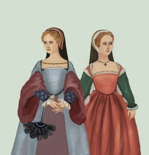 1520 #5, French: Dresses are slightly different from the English, primarily in the lighter colours. They were more influenced by Italy as seen in the sleeves on the right. The French Hood also exposed some of the styled or curled hair | Tadarida @DeviantArt Tadarida Deviantart, Gable Hood, Sansa Stark Queen, Period Dresses, Historical Garments, Storyboard Art, 16th Century Fashion, England Women, Tudor Dress