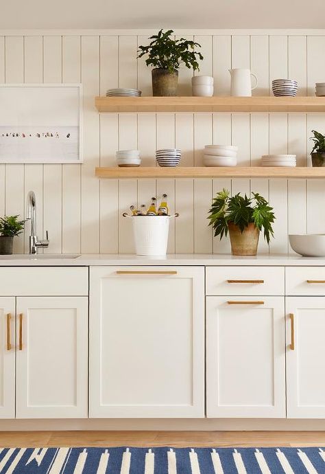 White Kitchen Shiplap Backsplash, Shiplap Above Cabinets, Vertical Wood Backsplash Kitchen, Verticle Shiplap Backsplash Kitchen, Modern Shiplap Kitchen, Small White Coastal Kitchen Ideas, Shiplap With Floating Shelves, White Cabinets Wood Shelves, Small Kitchen Shiplap Wall