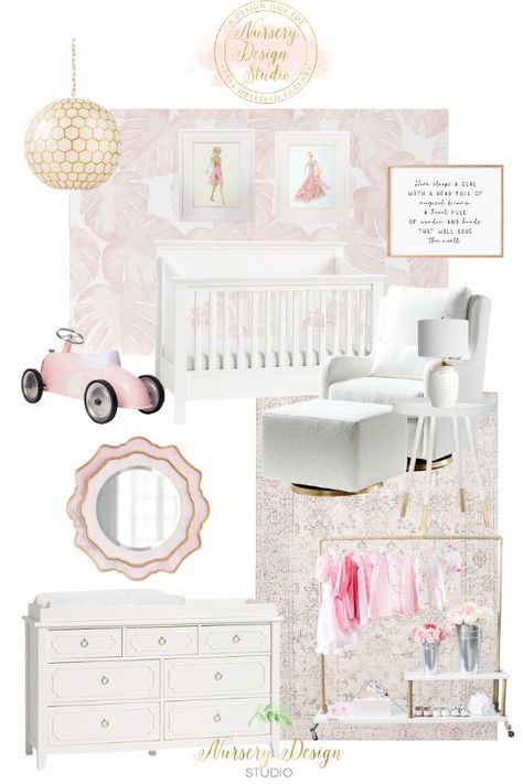 Portfolio - Nursery Design Studio Barbie Nursery Theme, Pink Nurseries, Barbie Nursery, Nursery Design Board, Pretty Barbie, Shared Nursery, Nursery Designs, Girls Room Wallpaper, Barbie Inspired