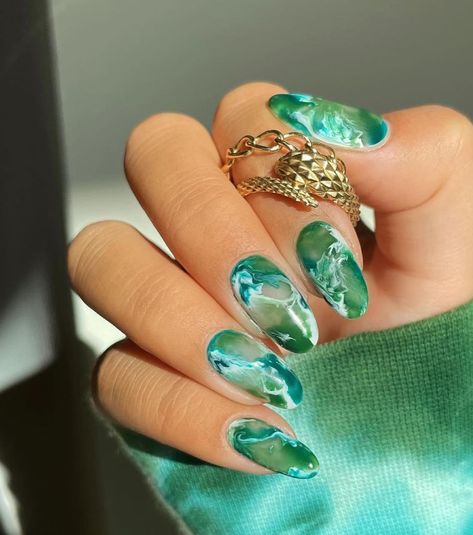 Moth Nails, Ocean Nail Ideas, Nail Art Green, Ocean Nail, Gel Nails Short, Almond Nails Short, Ocean Nails, Short Nail Ideas, Unique Nail Designs