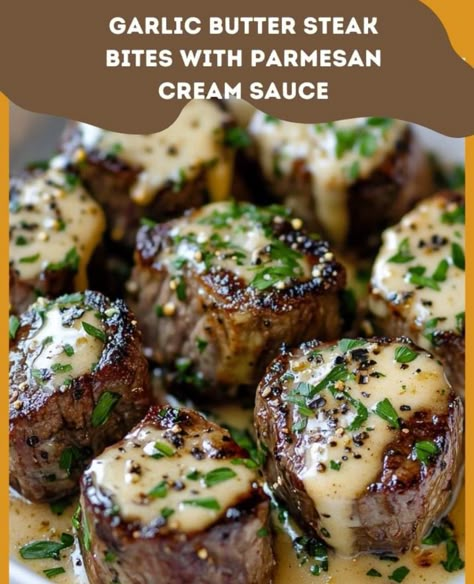 Tender Steak Bites, Garlic Butter Steak Bites, Butter Steak Bites, Parmesan Cream Sauce, Butter Steak, Tender Steak, Hearty Comfort Food, Garlic Butter Steak, Sirloin Steak