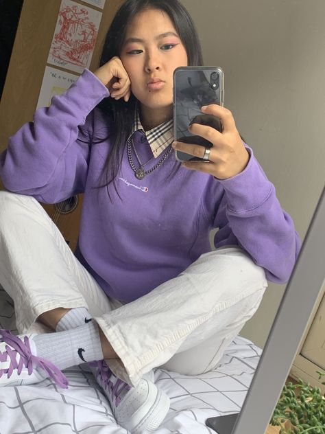 Purple Colour Outfit, Colour Outfit, Nike Crew Socks, Varsity Hoodie, Purple Sweatshirt, Purple Colour, Sweatshirt Outfit, Champion Sweatshirt, Hoodie Outfit