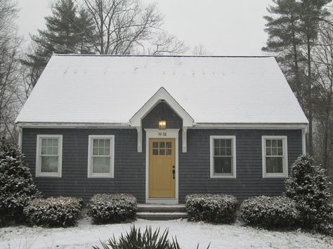 Cape Cod House Colors, Front Door Overhang, Colored Door, Cape Cod Exterior, Cape Cod House Exterior, Exterior House Renovation, Cape Cod Cottage, Cape Cod Style House, Yellow Door