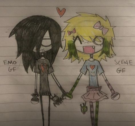 Scenemo Art Style, Scene Couple Art, 2000s Emo Artstyle, Emo Scene Drawing, Scene Kid Art Style, Scene Drawings 2000s, Emo X Scene, Emo Couple Art, Scene X Emo