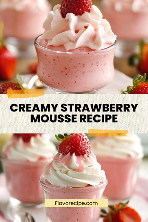 Indulge in a Creamy Strawberry Mousse Recipe that captures the essence of summer in every spoonful. This effortless dessert combines fresh strawberries with whipped cream for a light and fluffy texture that melts in your mouth. Ideal for both casual and elegant occasions, this mousse is as visually stunning as it is delicious. Garnish it with fresh berries or a drizzle of chocolate for an extra touch of elegance. Perfect for impressing guests or enjoying a sweet treat at home! Strawberries With Whipped Cream, Strawberry Mousse Recipe, Strawberry Mousse, Mousse Recipes, Fluffy Texture, Fresh Strawberries, Melt In Your Mouth, Fresh Berries, Fresh Strawberry