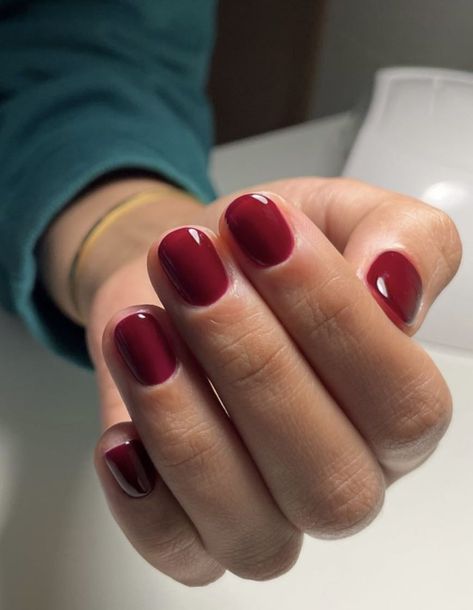 Dark Red Manicure Short, Red Fall Gel Nails, Dark Red Gel Nails Short, Red Short Gel Nails, Dark Red Dip Nails, Short Nails Dark Red, Short Dark Red Nails, Fall Red Nails, Red Shellac Nails